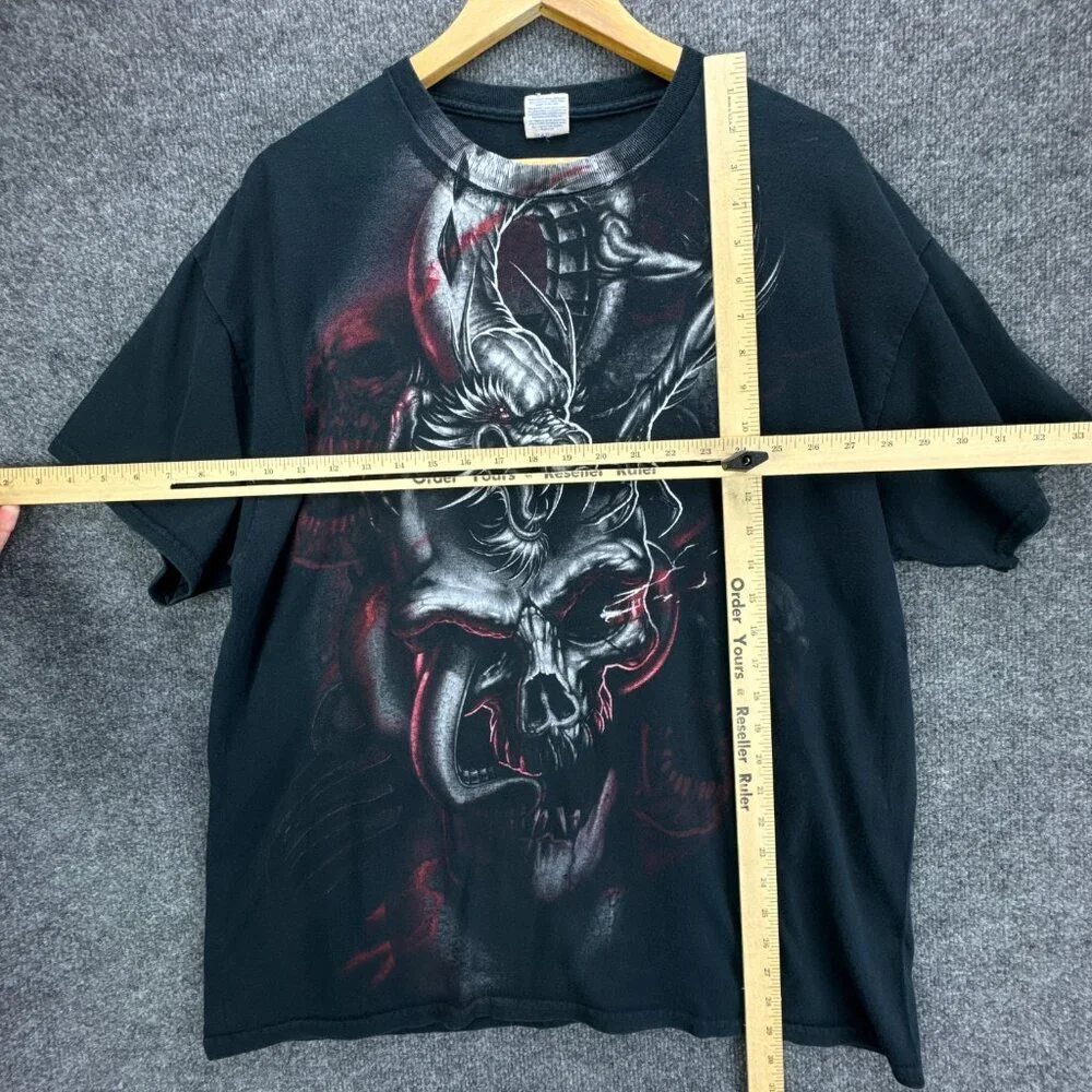 Dragon Skull T Shirt Mens Extra Large Black Red Grunge Punk Goth AOP Gildan - Picture 8 of 11